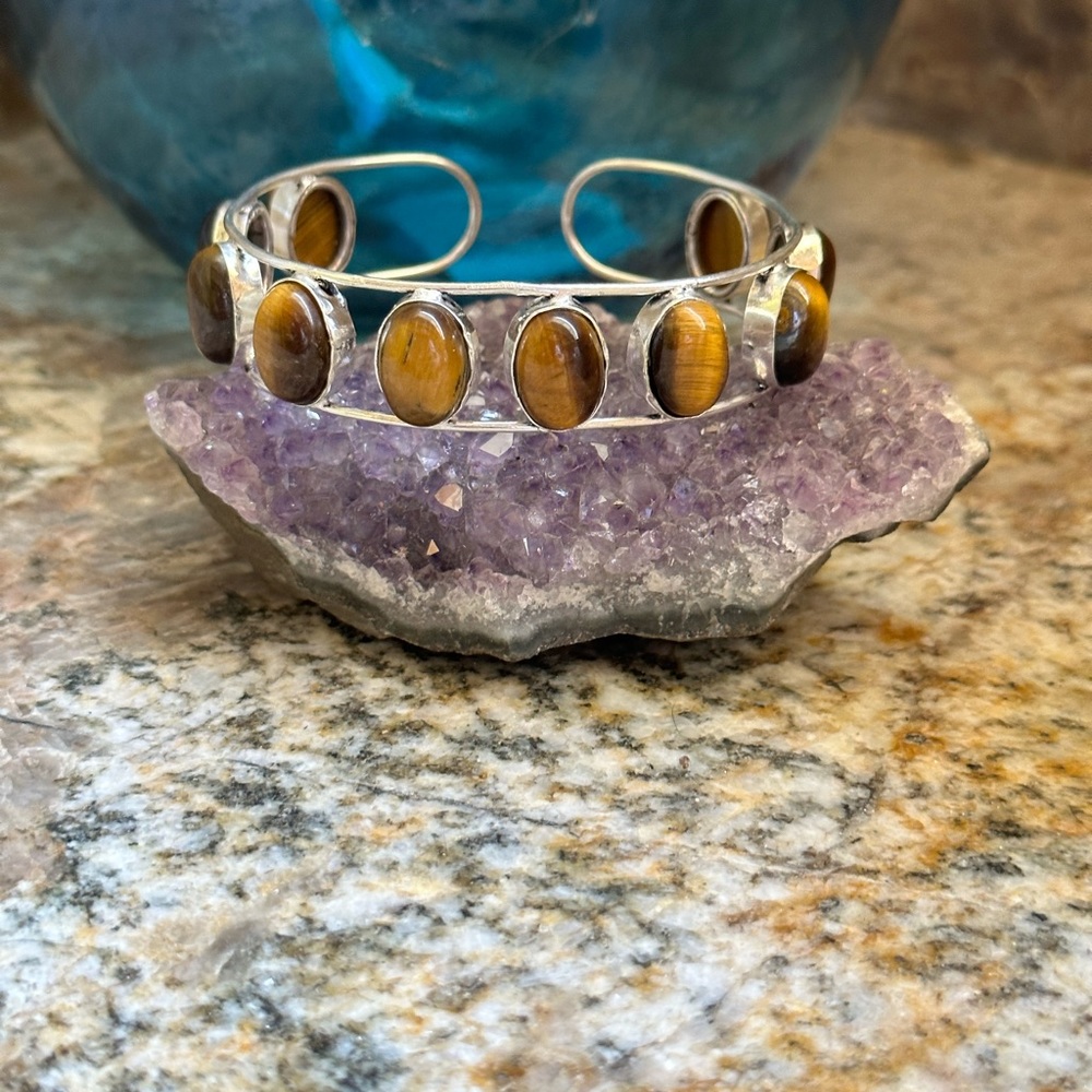COPY - Silver Tiger’s Eye Stone Cuff Bracelet - Picture 2 of 11